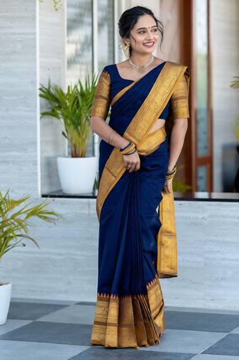 Blue weaving cotton silk ethnic saree with blouse