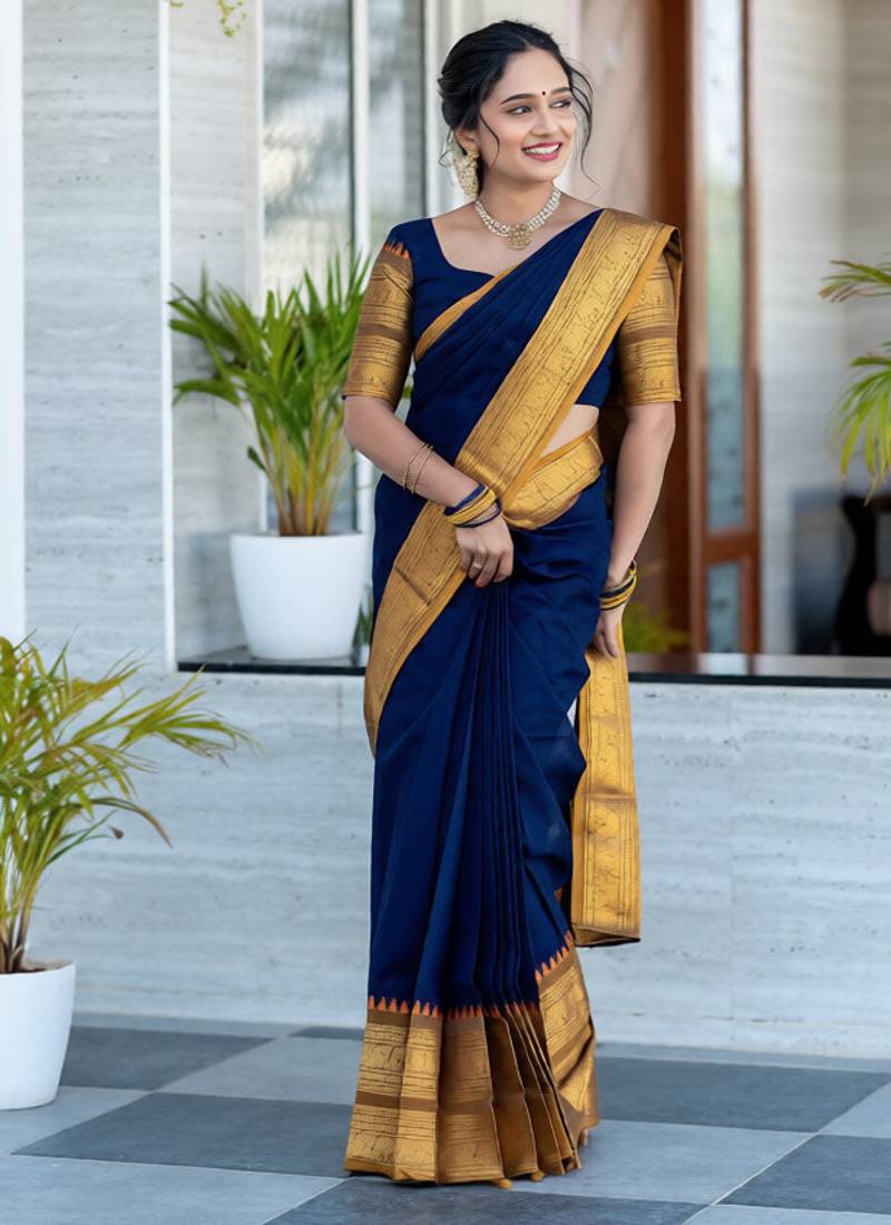 Blue weaving cotton silk ethnic saree with blouse