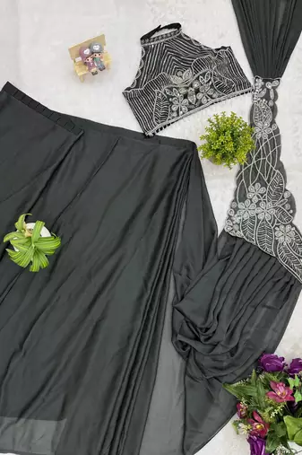 Black embroidered silk ready to wear saree with blouse