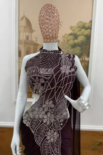 Wine embroidered silk ready to wear saree with blouse