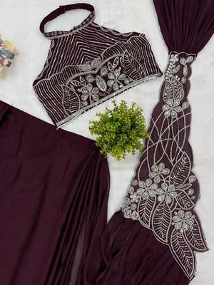 Wine embroidered silk ready to wear saree with blouse 4