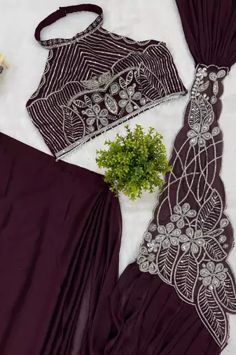 Wine embroidered silk ready to wear saree with blouse