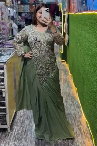 Green embroidered silk ready to wear saree with blouse