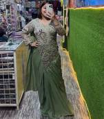 Green embroidered silk ready to wear saree with blouse