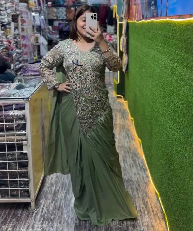 Green embroidered silk ready to wear saree with blouse