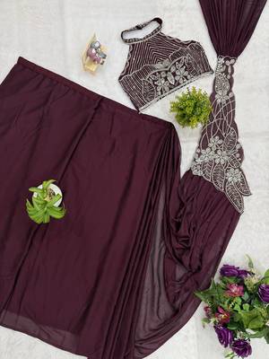 Wine embroidered silk ready to wear saree with blouse 5