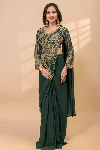 Green embroidered faux georgette ready to wear saree with blouse