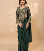 Green embroidered faux georgette ready to wear saree with blouse