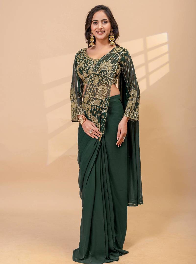 Green embroidered faux georgette ready to wear saree with blouse