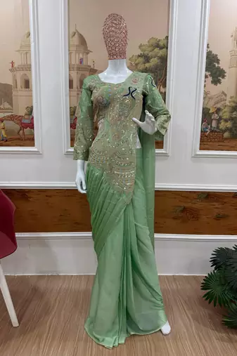 Green embroidered silk ready to wear saree with blouse
