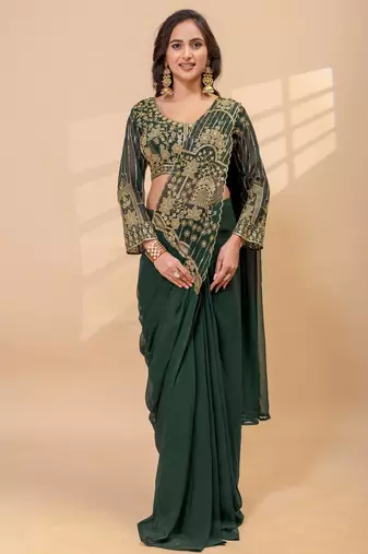 Green embroidered faux georgette ready to wear saree with blouse