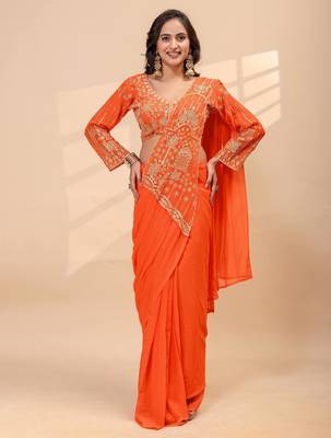 Orange embroidered faux georgette ready to wear saree with blouse 1