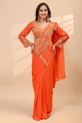 Orange embroidered faux georgette ready to wear saree with blouse
