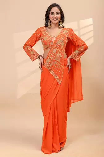 Orange embroidered faux georgette ready to wear saree with blouse