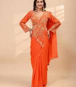 Orange embroidered faux georgette ready to wear saree with blouse