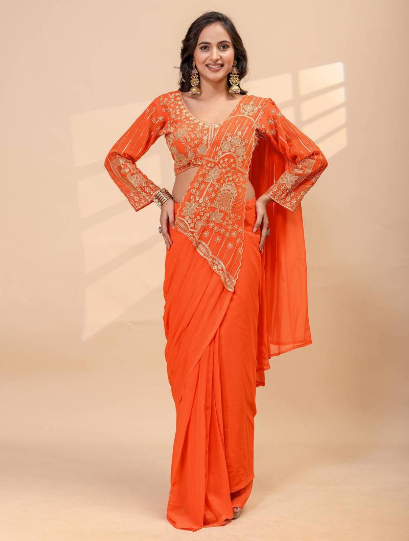 Orange embroidered faux georgette ready to wear saree with blouse