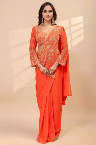 Orange embroidered faux georgette ready to wear saree with blouse