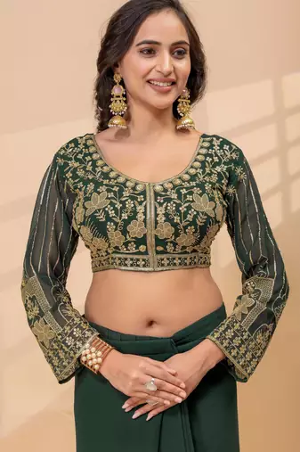 Green embroidered faux georgette ready to wear saree with blouse