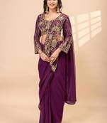 Wine embroidered faux georgette ready to wear saree with blouse