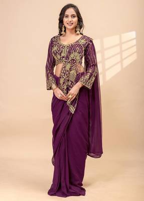 Wine embroidered faux georgette ready to wear saree with blouse 2