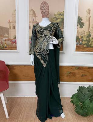Green embroidered faux georgette ready to wear saree with blouse 5