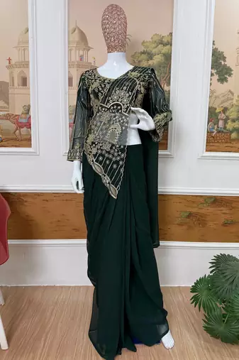 Green embroidered faux georgette ready to wear saree with blouse