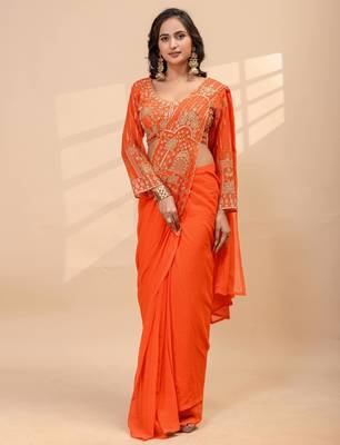 Orange embroidered faux georgette ready to wear saree with blouse 5
