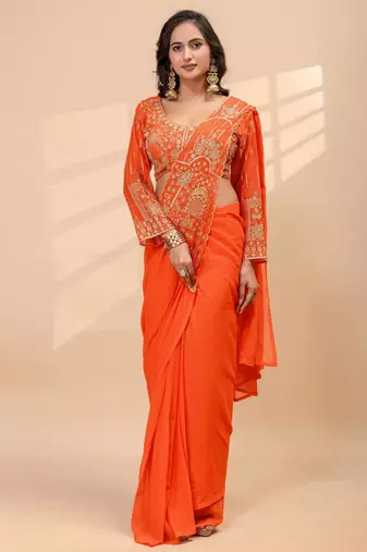 Orange embroidered faux georgette ready to wear saree with blouse