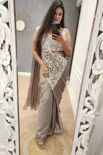 Coffee embroidered silk ready to wear saree with blouse