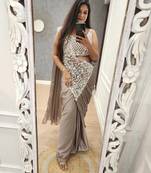 Coffee embroidered silk ready to wear saree with blouse