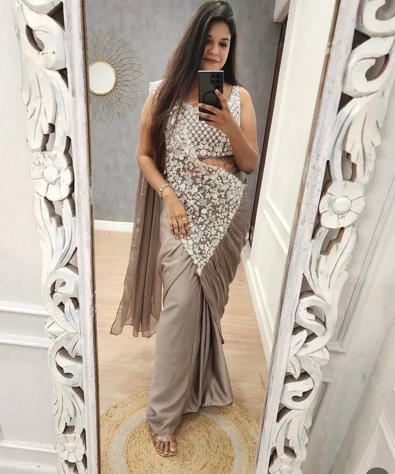 Coffee embroidered silk ready to wear saree with blouse