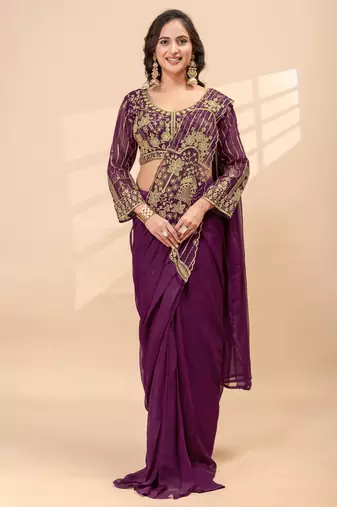 Wine embroidered faux georgette ready to wear saree with blouse