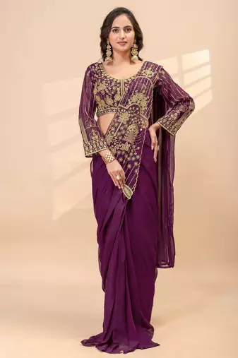 Wine embroidered faux georgette ready to wear saree with blouse