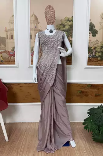 Coffee embroidered silk ready to wear saree with blouse