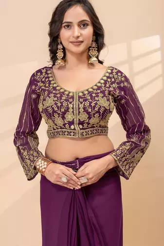 Wine embroidered faux georgette ready to wear saree with blouse