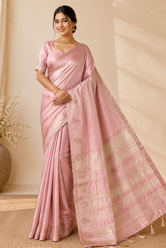 Onion Pink Color Fancy Nakashi Mango Figure Border With Tassels Fumka On Pallu Tussar Silk Saree