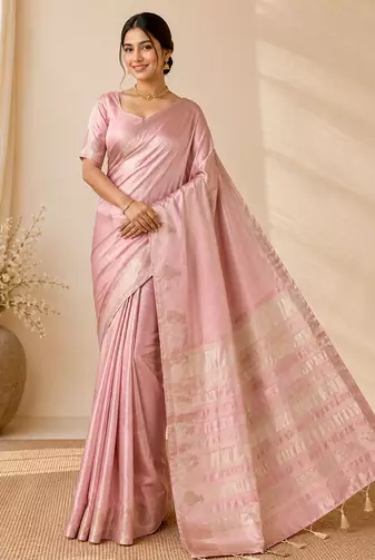 onion pink fancy with tassels on pallu tussar silk saree
