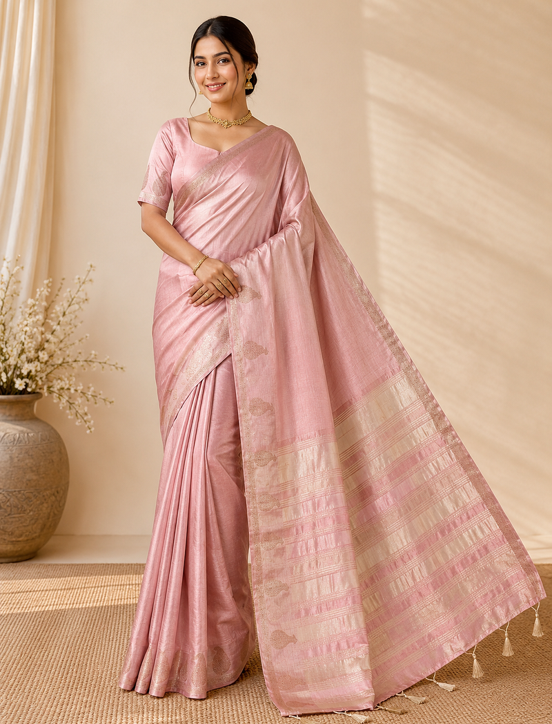 onion pink fancy with tassels on pallu tussar silk saree