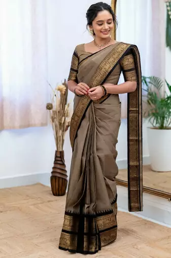 Cream weaving cotton silk ethnic saree with blouse