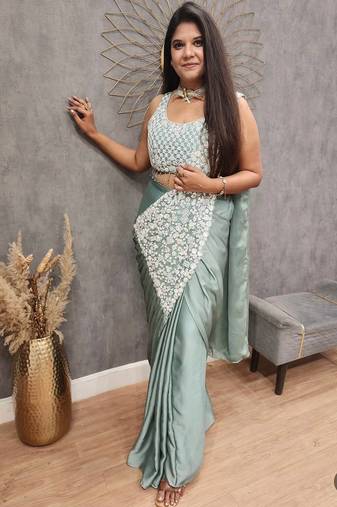 Rama-green embroidered silk ready to wear saree with blouse