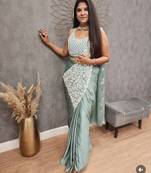 Rama-green embroidered silk ready to wear saree with blouse