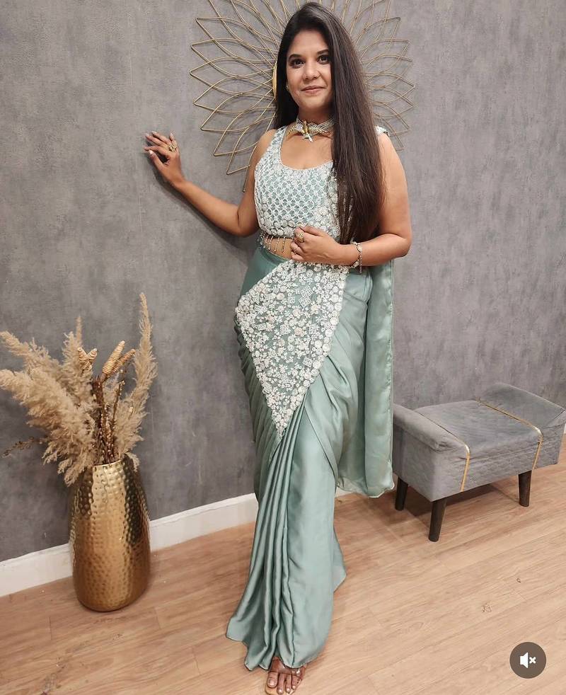 Rama-green embroidered silk ready to wear saree with blouse