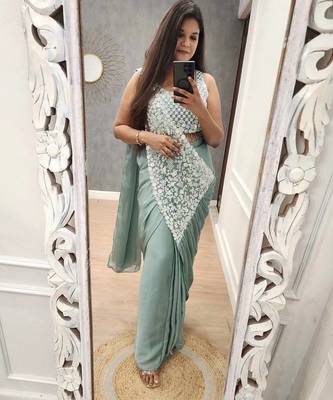Rama-green embroidered silk ready to wear saree with blouse 3