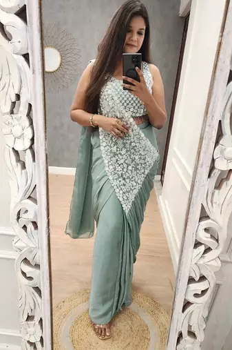 Rama-green embroidered silk ready to wear saree with blouse