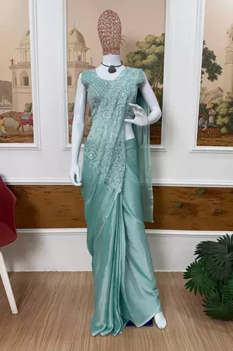 Rama-green embroidered silk ready to wear saree with blouse