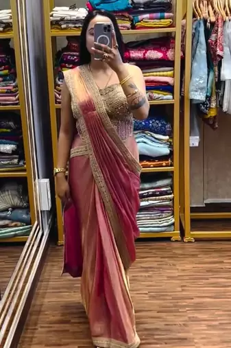 Peach embroidered satin ready to wear saree with blouse
