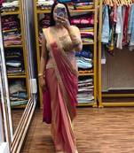 Peach embroidered satin ready to wear saree with blouse