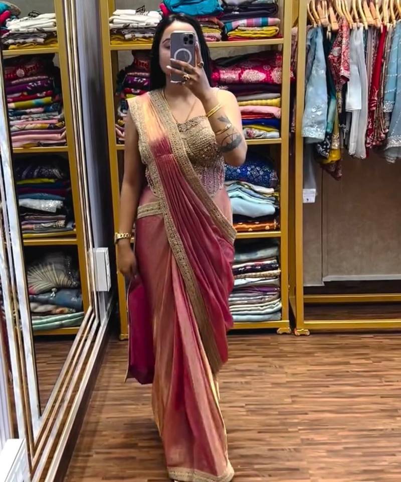 Peach embroidered satin ready to wear saree with blouse