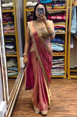 Peach embroidered satin ready to wear saree with blouse 2