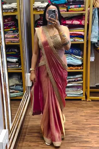 Peach embroidered satin ready to wear saree with blouse